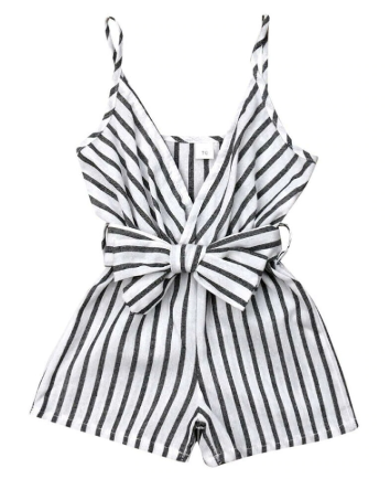 V-Neck Striped Romper with Tie Belt